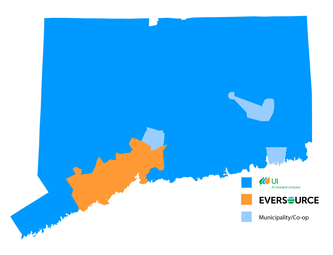 Connecticut utility service area map showing Eversource, United Illuminating and municipal or co-op areas