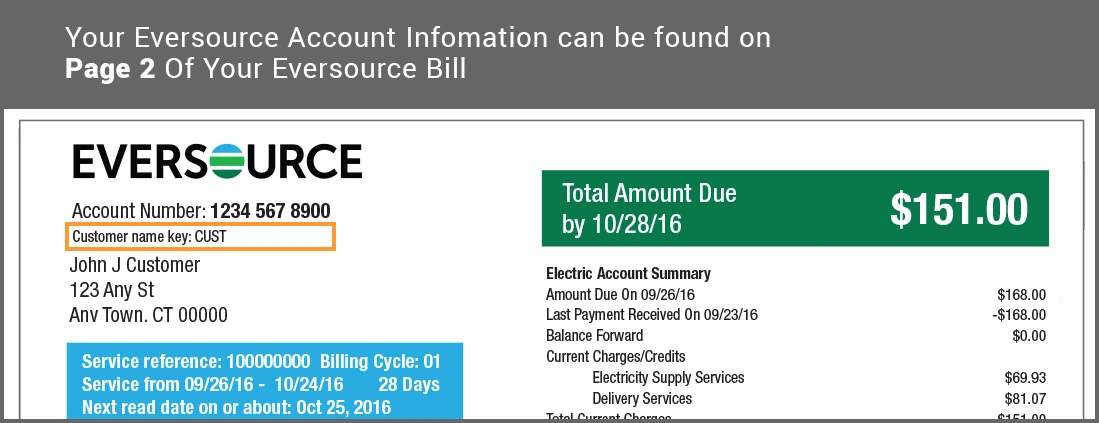 Eversource bill example highlighting the customer name key