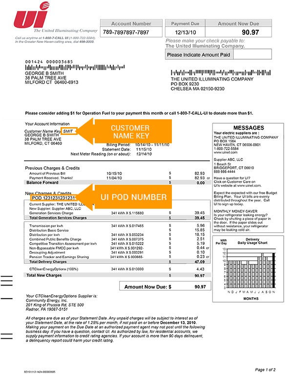 United Illuminating sample bill highlighting customer name key and POD number