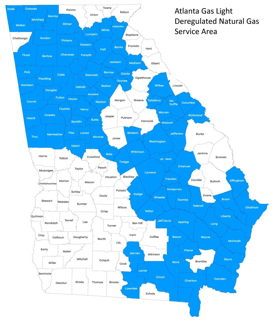 Atlanta Gas Light deregulated natural gas service area map in Georgia