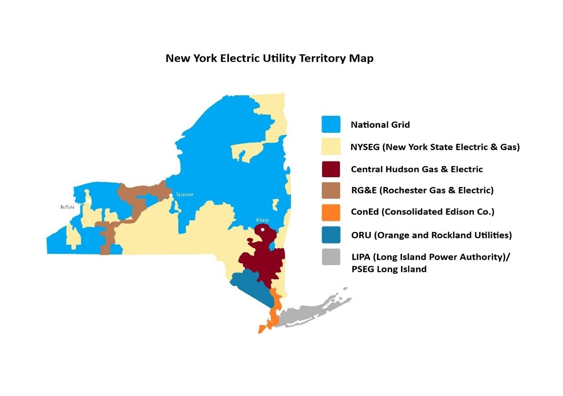 New York electric utility territory map showing National Grid, NYSEG, Central Hudson, Rochester Gas and Electric, Con Edison, Orange and Rockland, and Long Island utility areas